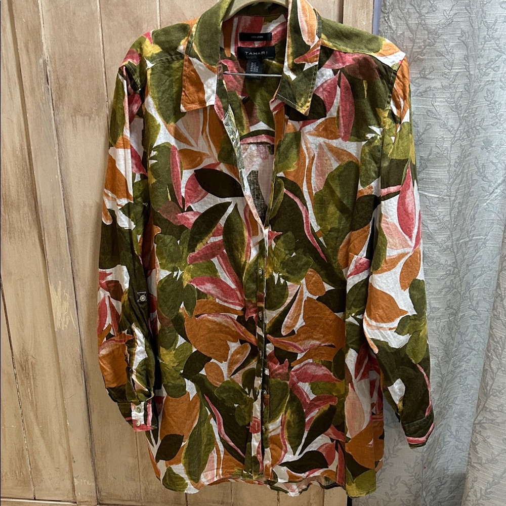 Tahari-Chartreuse and Multicolor Leaf Print Ladies 100 % Linen Shirts - Picture 3 of 12